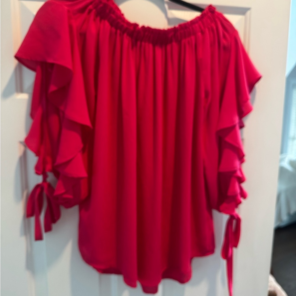 She + Sky Vibrant Pink Ruffle Sleeve Blouse